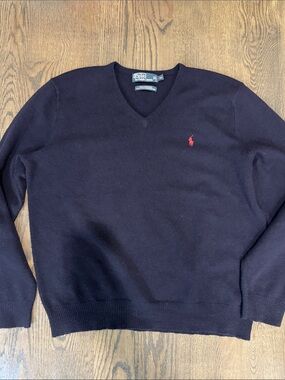 Polo by Ralph Lauren Navy V-Neck Sweater with Red Pony Logo